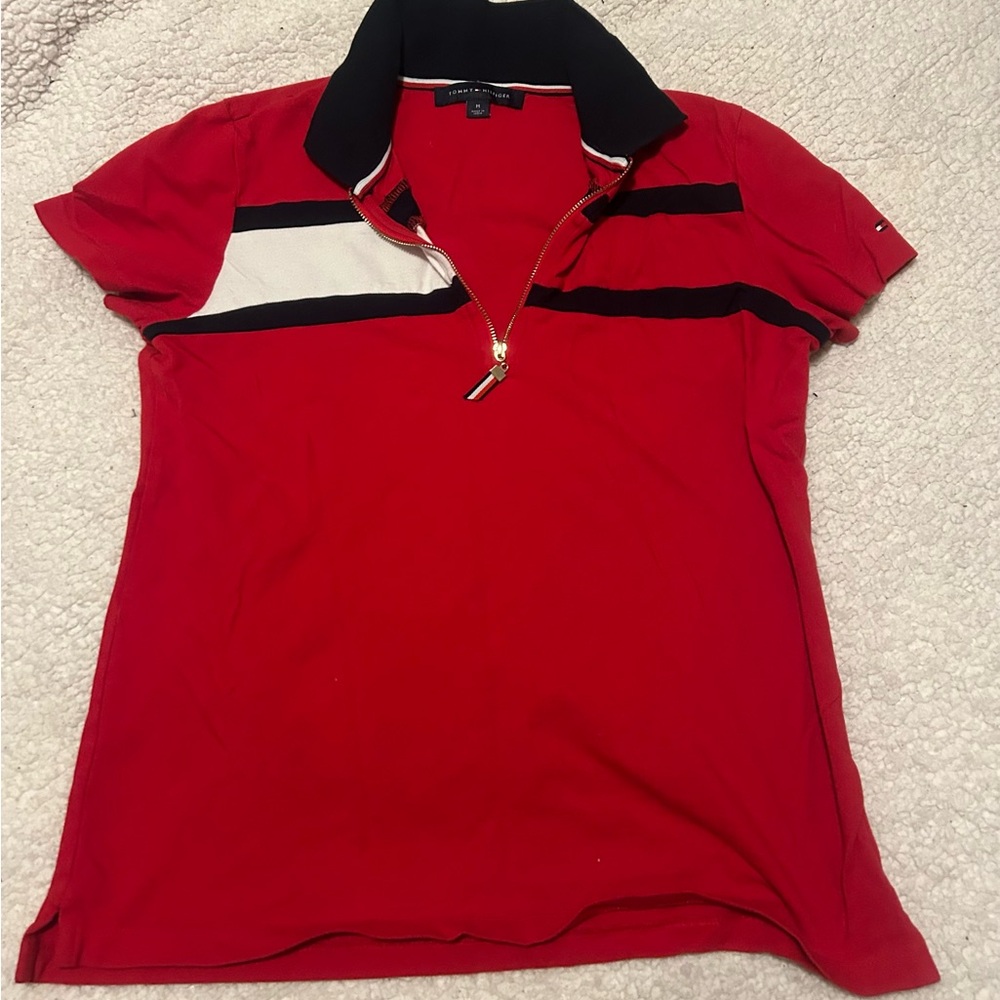 Tommy Hilfiger Red and White Polo Shirt Short Sleeve